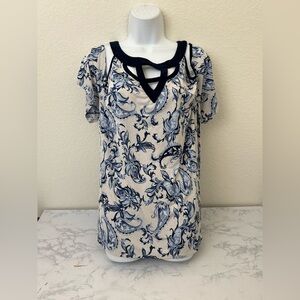 Naif Short Sleeve Pullover Blouse Women’s Plus Sz 2X Blue Paisley Strappy Top
